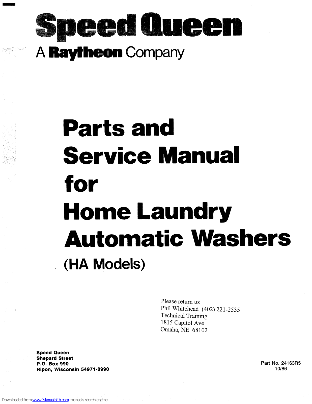 Speed Queen HA6001, HA6000, HA5591, HA5590, HA5320 Parts And Service Manual