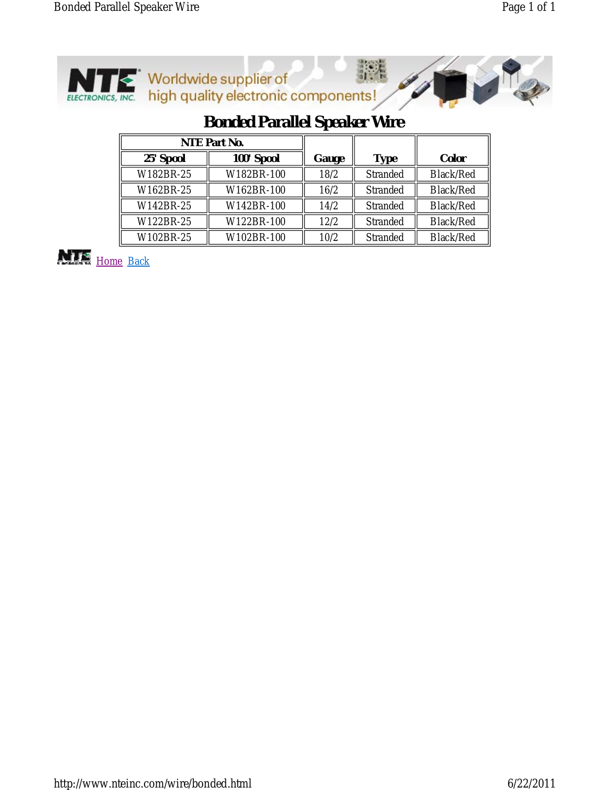 NTE Electronics W102BR, W122BR, W142BR, W162BR, W182BR Catalog Page