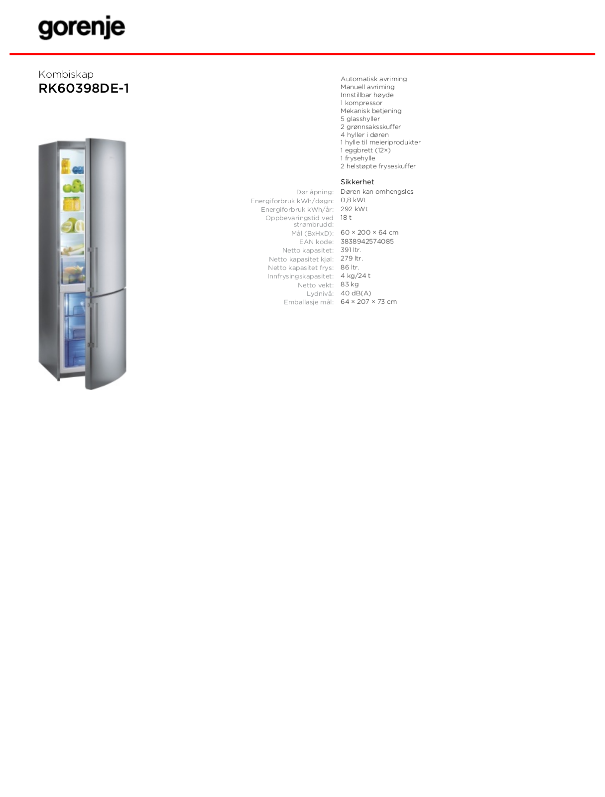 Gorenje RK60398DE-1 DATASHEET