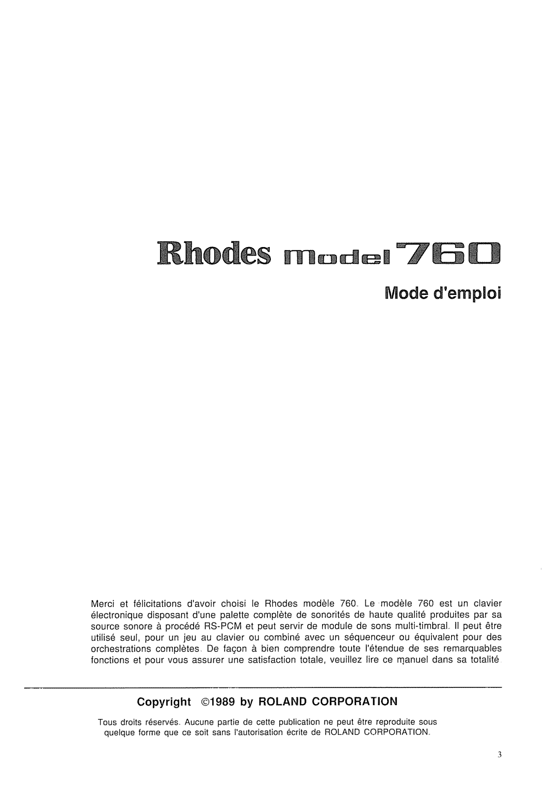 Roland RHODES 760 User Manual