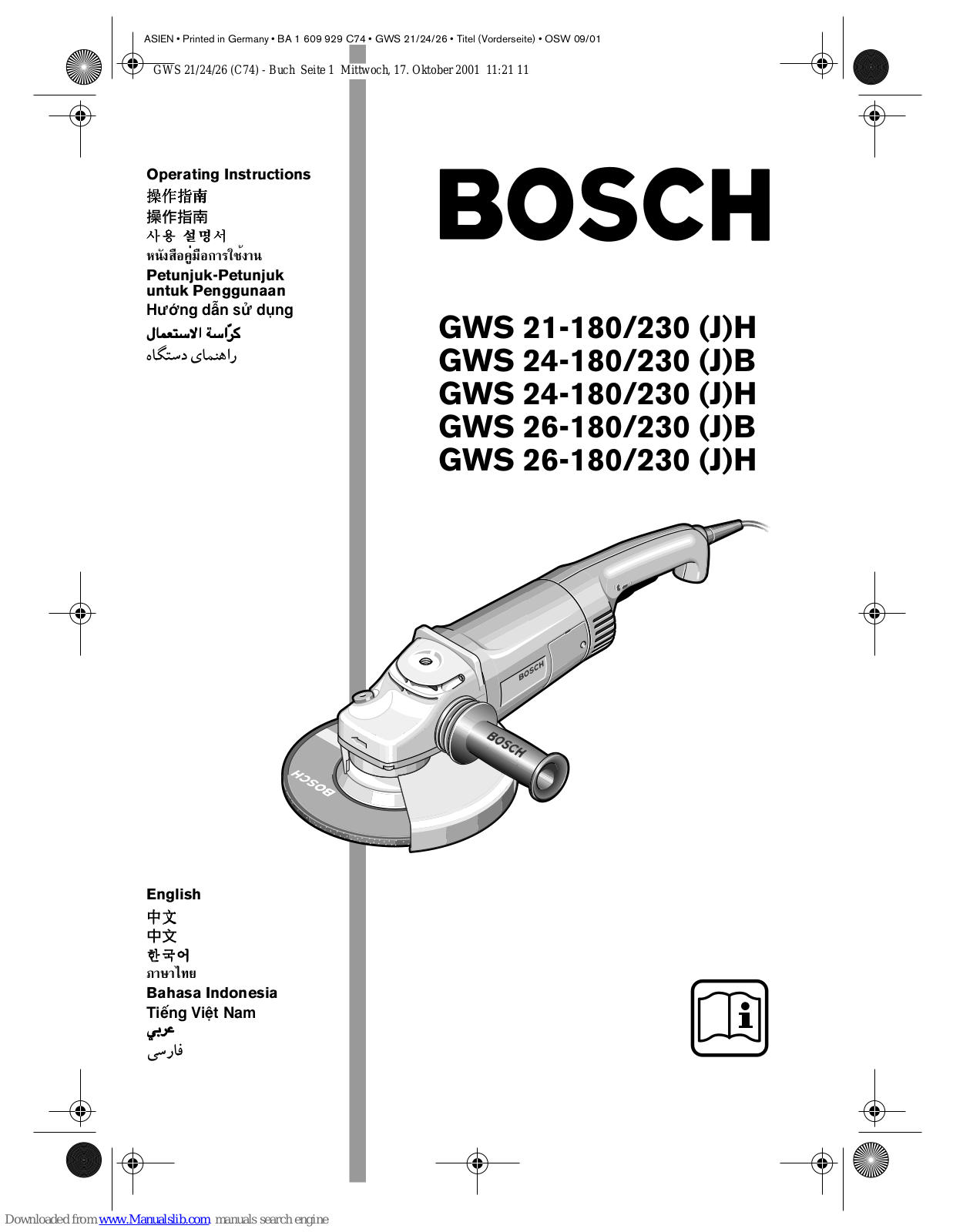 Bosch GWS 24-230 JH, GWS 26-230 JB, GWS 24-180 H, GWS 24-230 B, GWS 21-180 JH Operating Instructions Manual