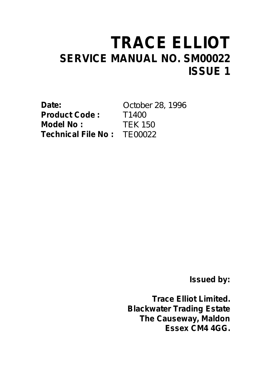 TRACE ELLIOT TEK150 Datasheet - ManualMachine.com