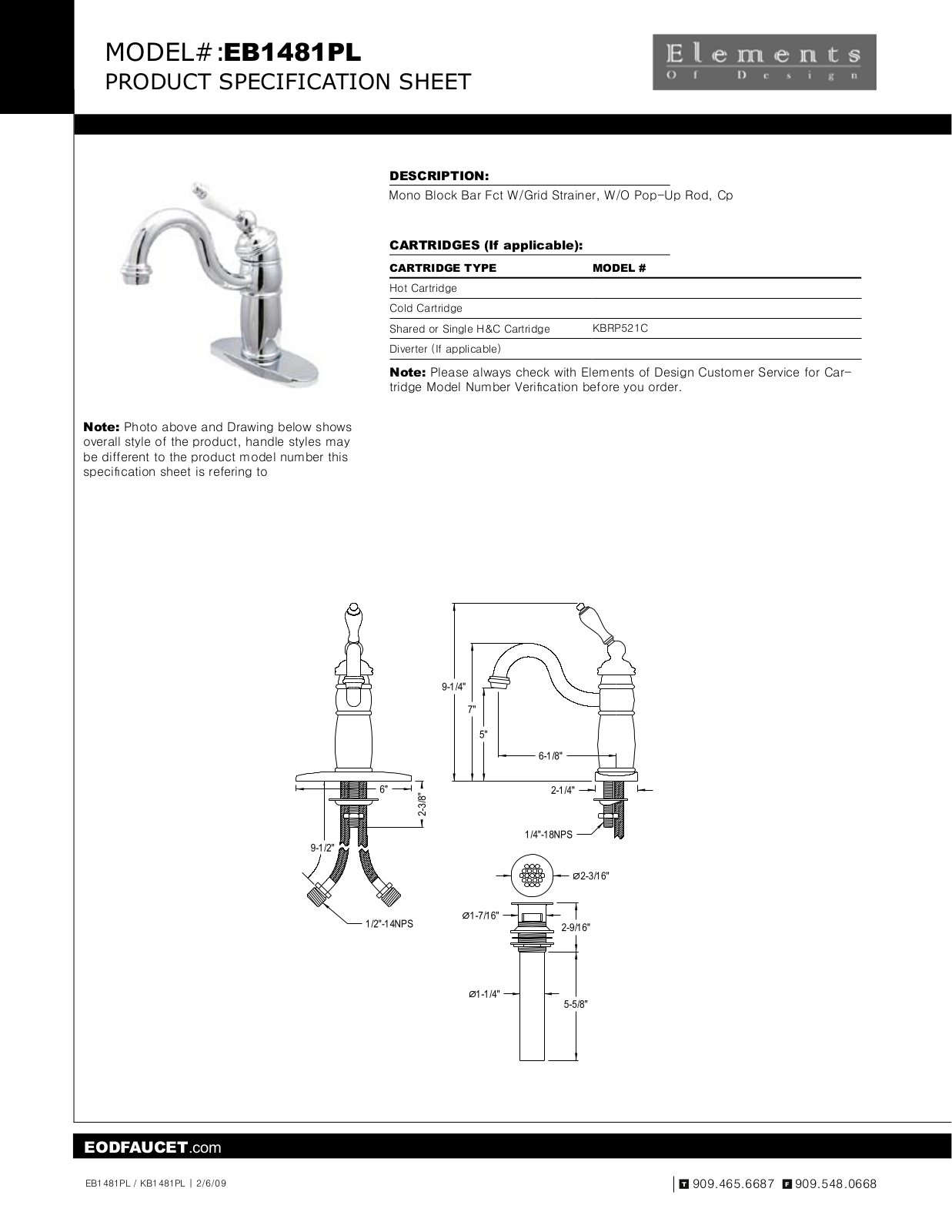 Elements of Design EDE1242 Specification Sheet - ManualMachine.com