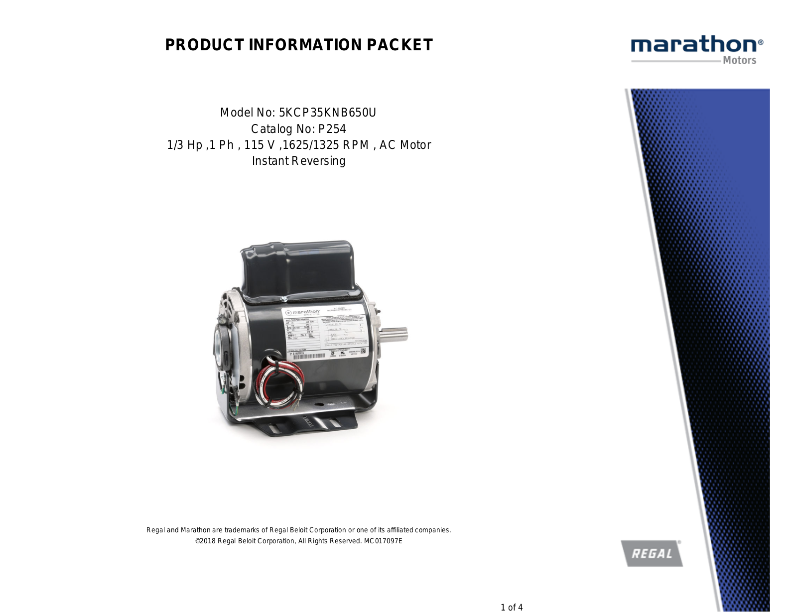 Marathon Electric 5KCP35KNB650U Product Information Packet