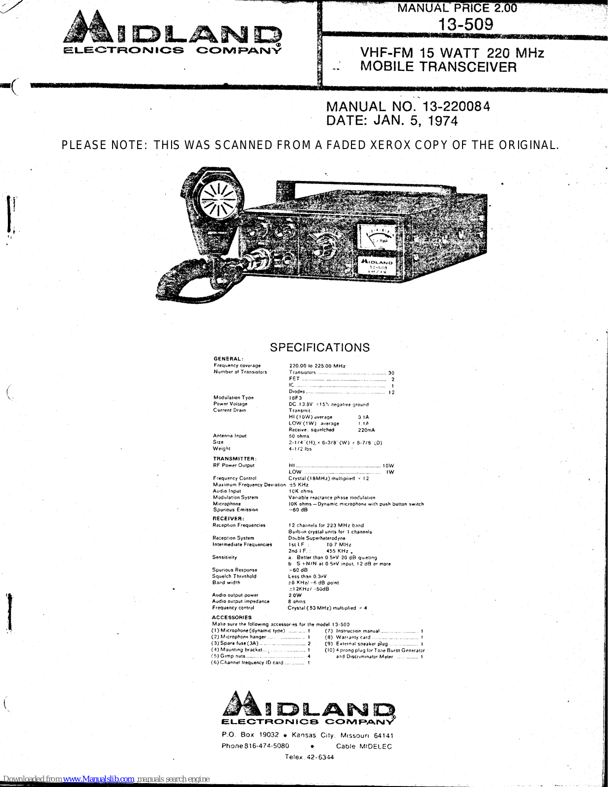 Midland VHF-FM 15 watt 220 MHz Mobile Transceiver, 13-509 User Manual