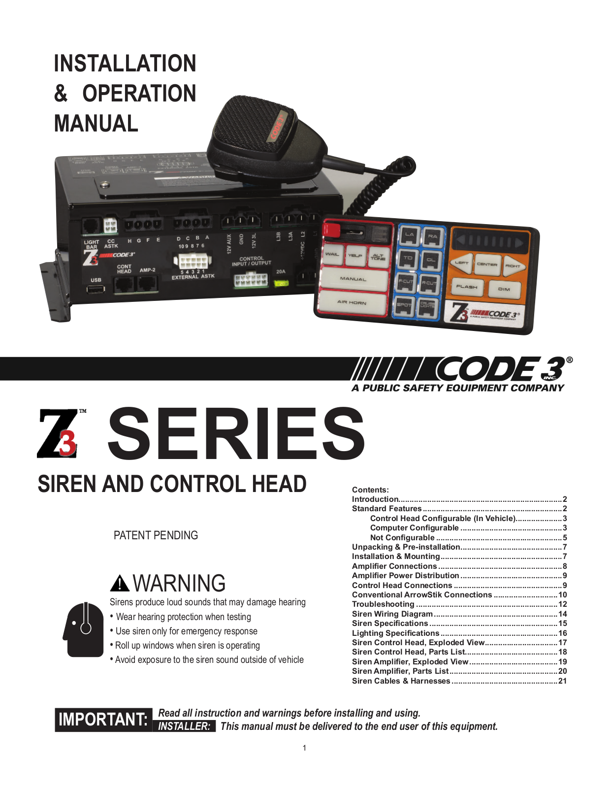 Code 3 Z3 Series Installation & Operation Manual