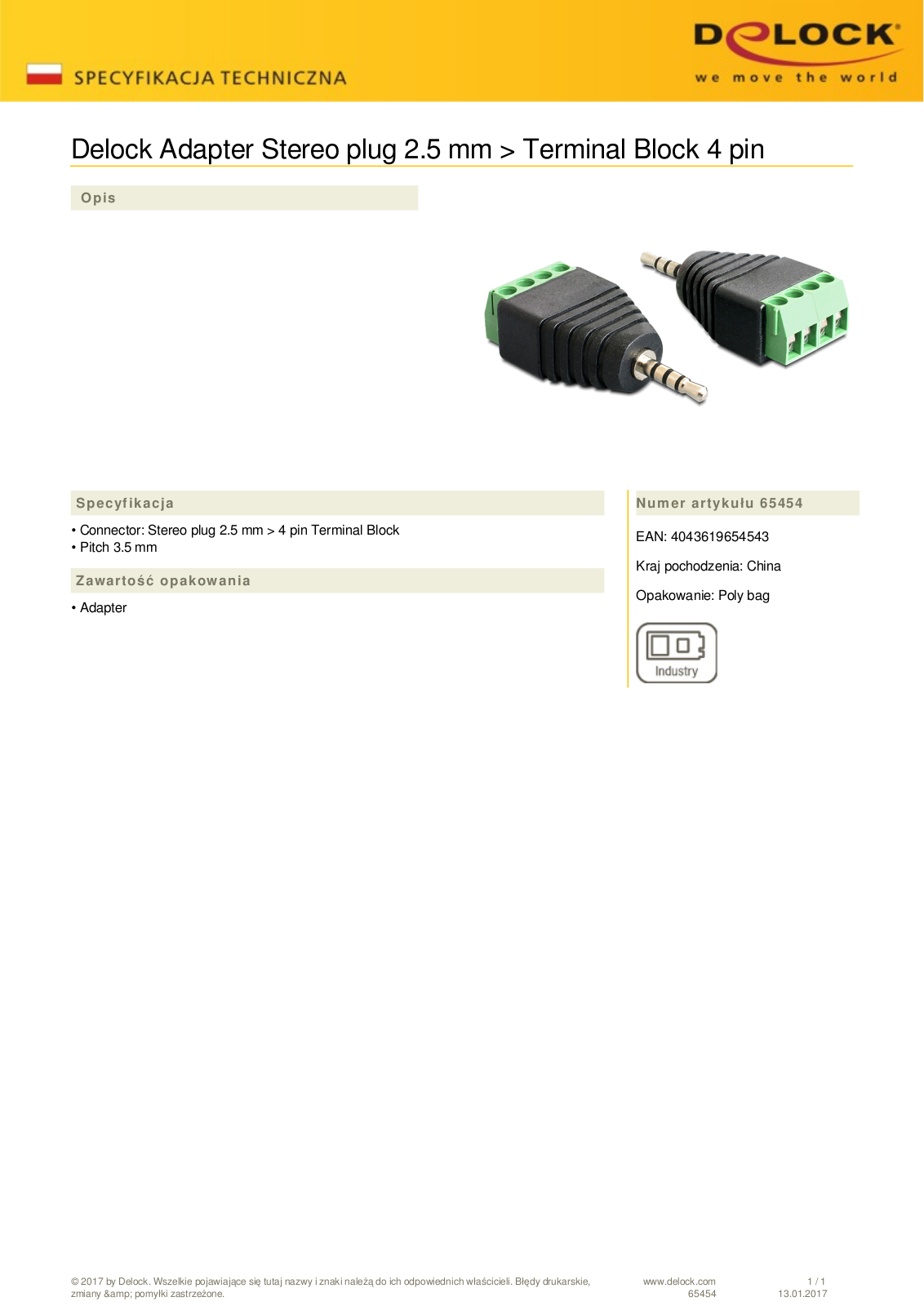 DeLOCK 2.5mm jack on 4-Pin-Terminalblock adapter User Manual