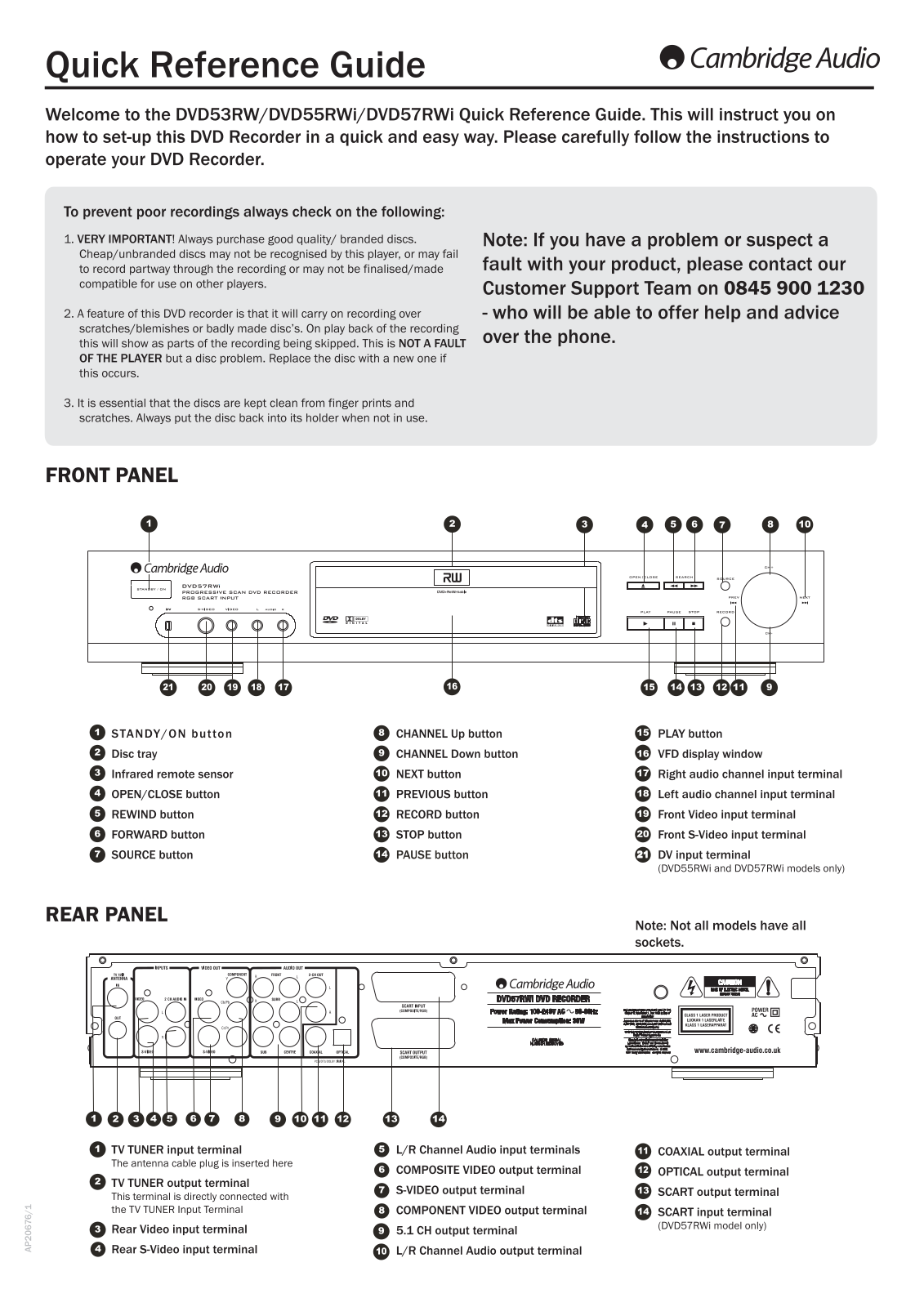 Cambridge audio DVD 55, DVD55RWI, DVD57RWI, DVD53RW, DVD 53 QUICK START GUIDE