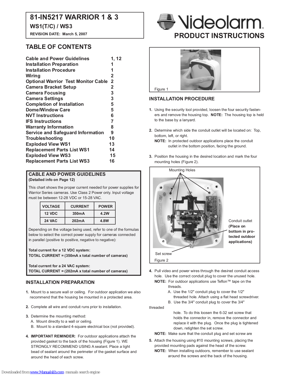 Moog Videolarm WS1C-50NF, WARRIOR 1, WARRIOR 3, WS1T, WS1C Product Instructions