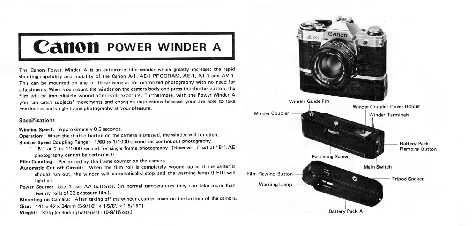 Canon Power Winder A Instruction Manual