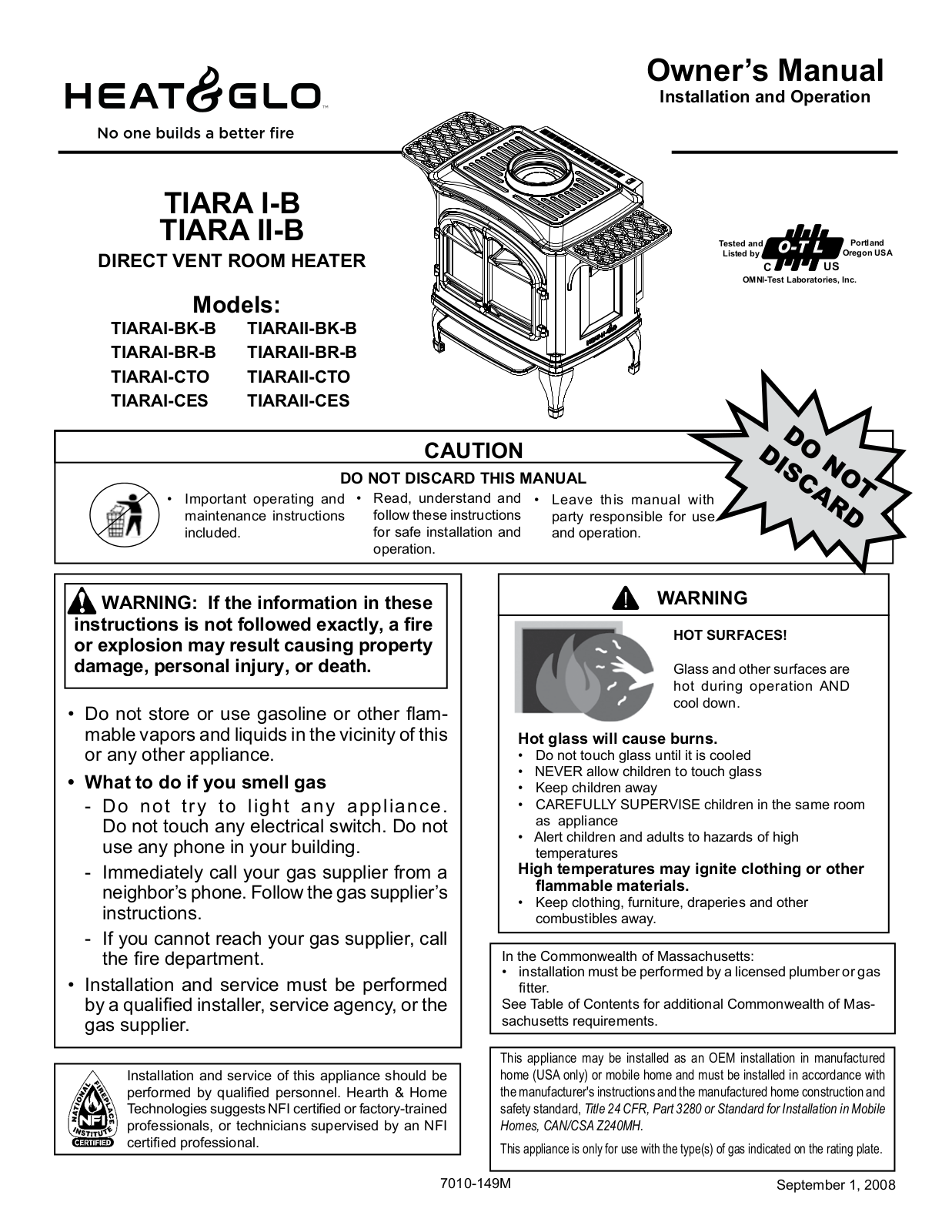 Heat & Glo TIARAI-BK-B, TIARAI-BR-B, TIARAI-CTO, TIARAI-CES, TIARAII-BK-B Owner’s Manual