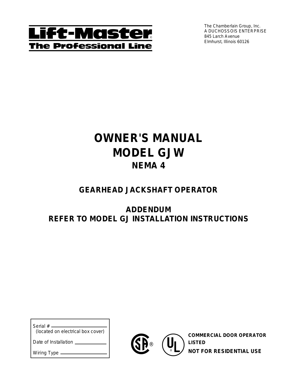 Lift-Master GJW User Manual