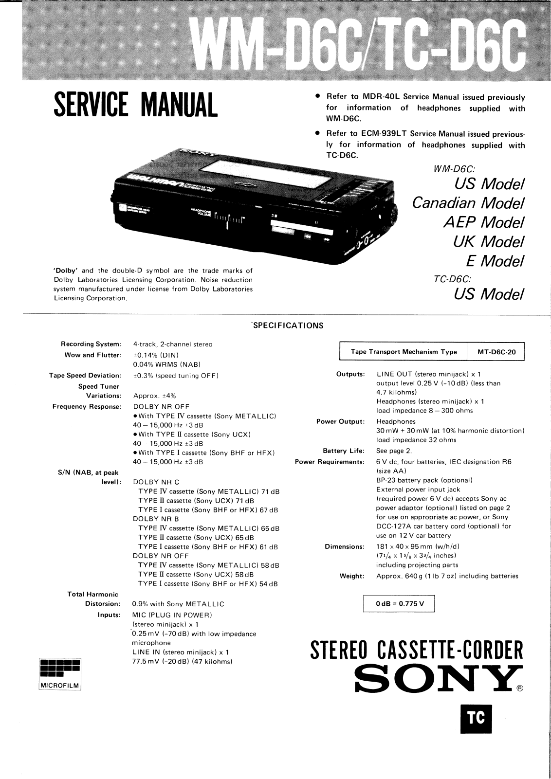 Sony TCD-6-C, WMD-6-C Service manual