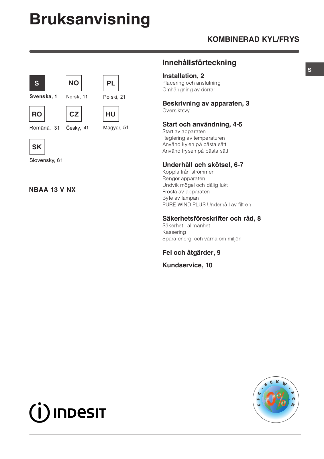 Indesit NBAA 13 VNX User Manual