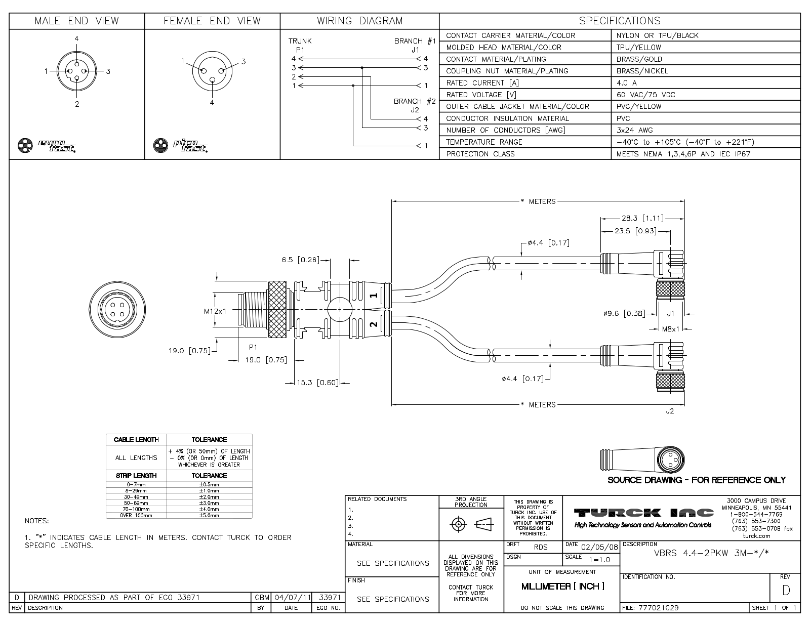 Turck VBRS4.4-2PKW3M-0.3/0.3 Specification Sheet