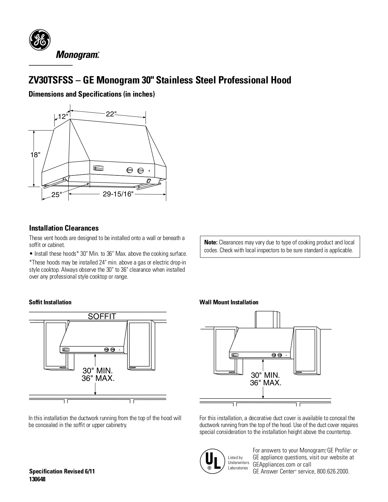 Monogram ZV30TSFSS Specifications