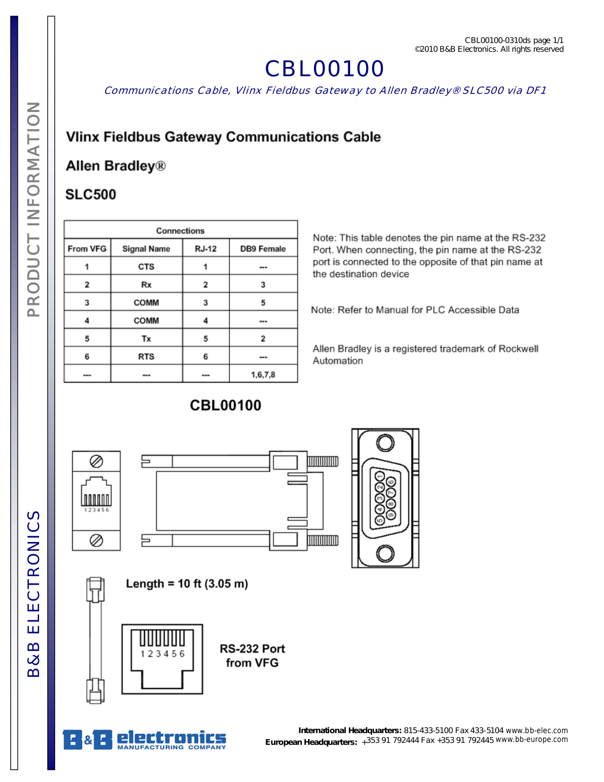 B&B Electronics CBL00100 Datasheet