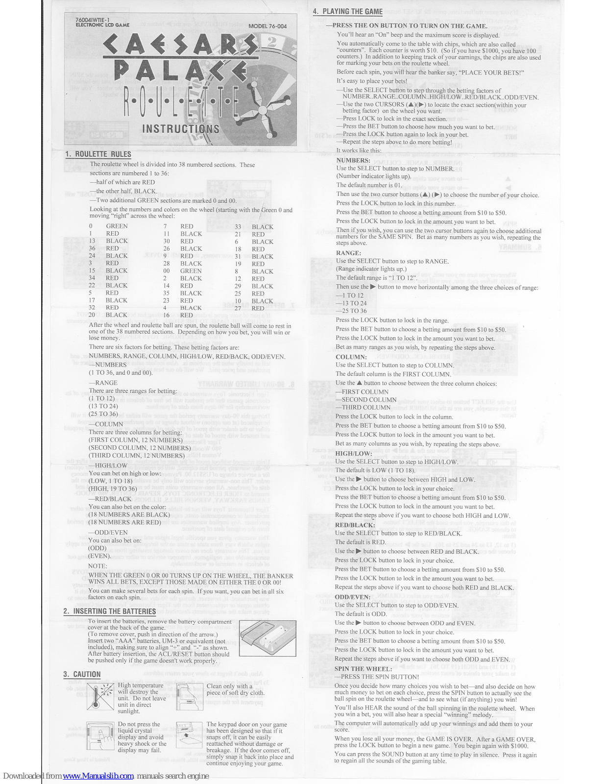 Tiger Electronic Toys 760041WTIE-1, Caesars Palace Roulette 76-004 Instructions Manual