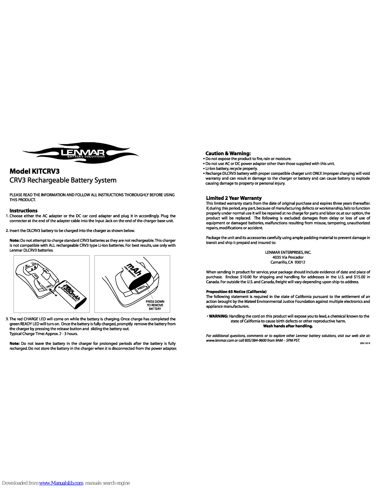 Lenmar KITCRV3 Instructions Manual