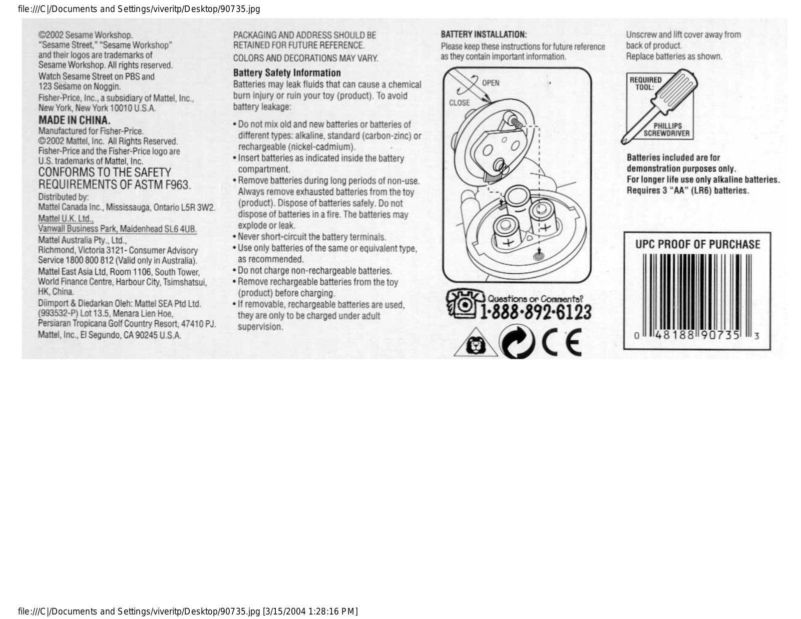 Fisher-Price 90735 Instruction Sheet