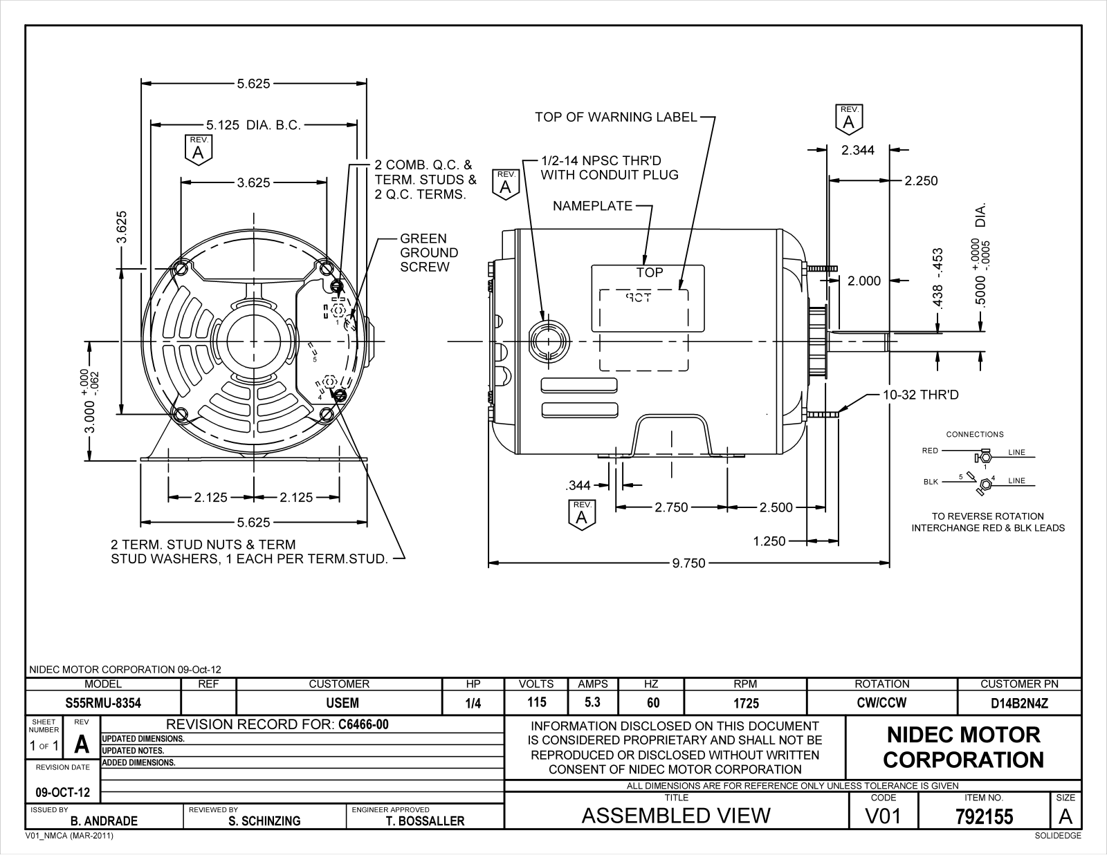 US Motors D14B2N4Z Dimensional Sheet