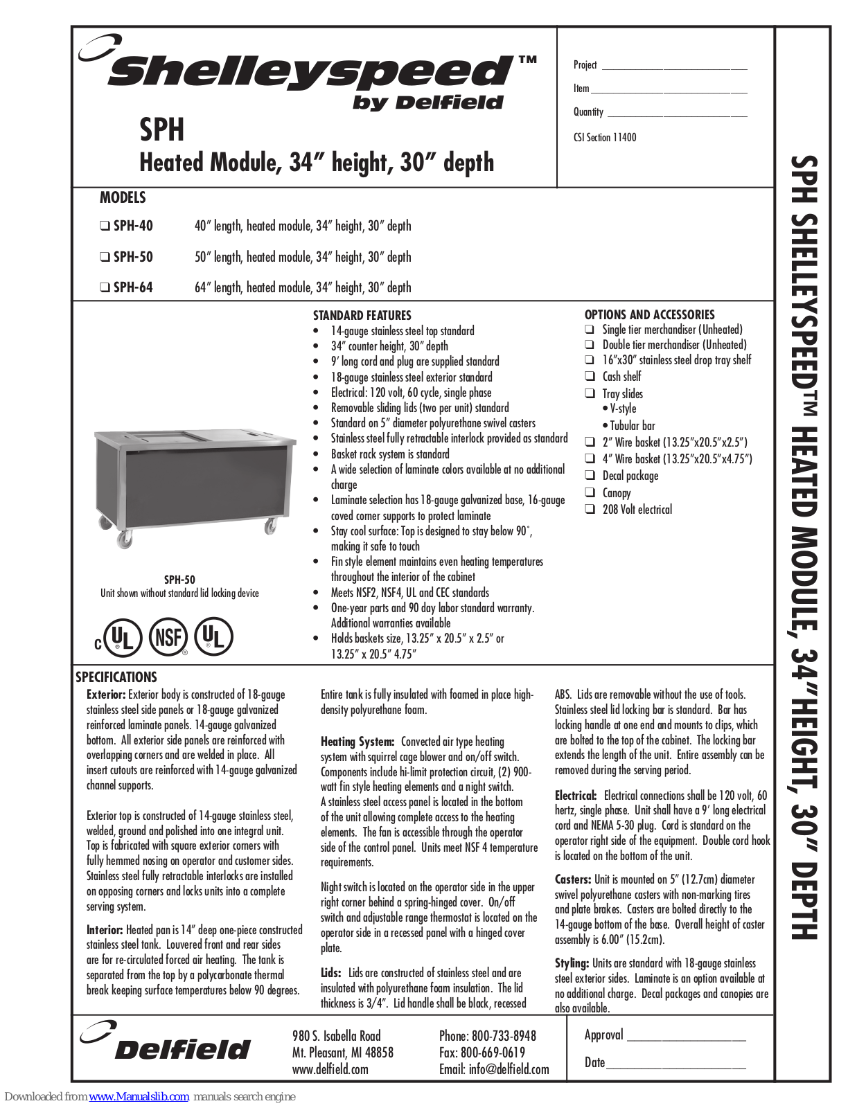 Delfield Shelleyspeed SPH-40, Shelleyspeed SPH-64, Shelleyspeed SPH-50 Specifications