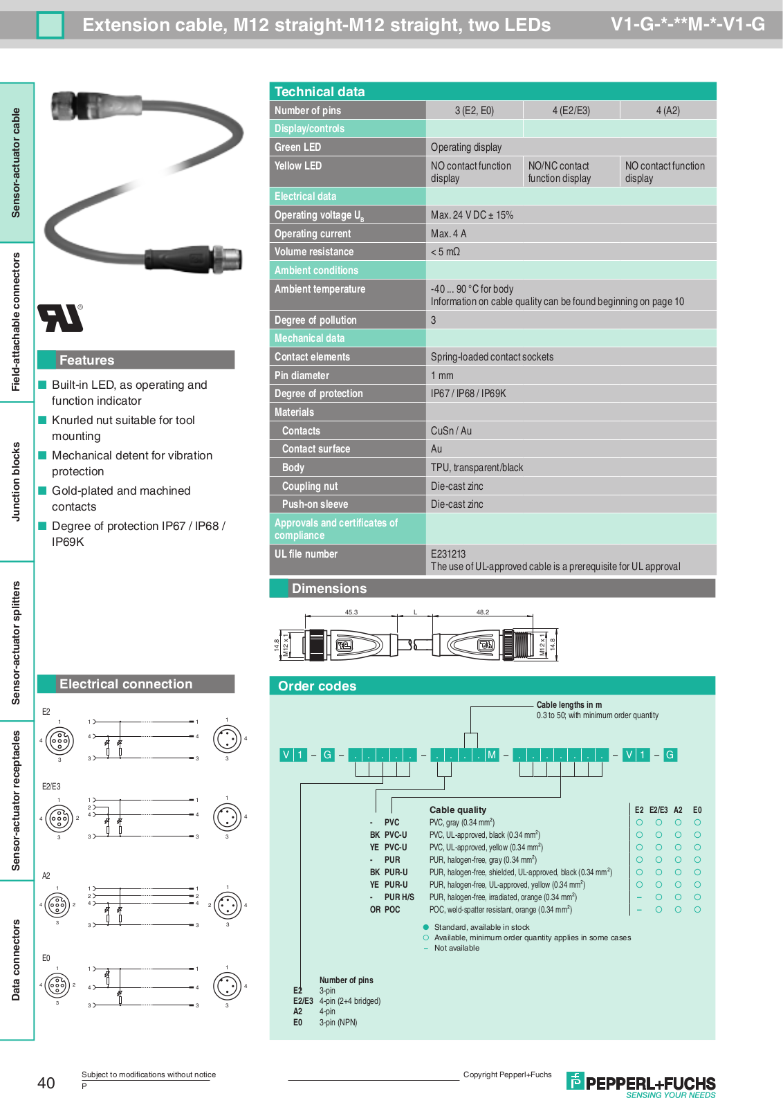 Pepperl Fuchs V1-G-A2-2M-PVC-V1-G Data Sheet