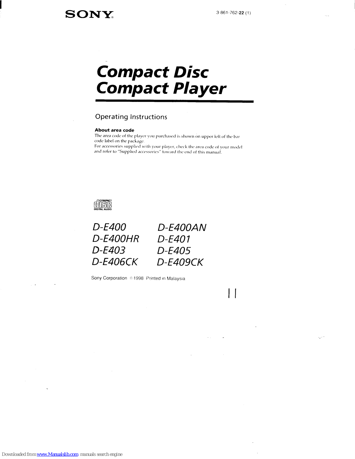 Sony D-E405 - Compact Disc Player, D-E406CK, D-E409CK, D-E401, D-E400AN Operating Instructions Manual