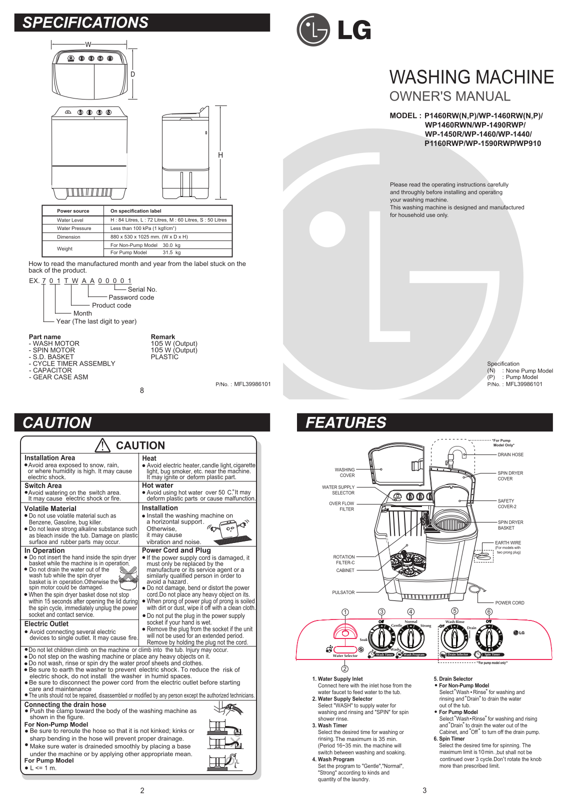 LG WP-1460RWP, WP-1590RWP Instruction manual