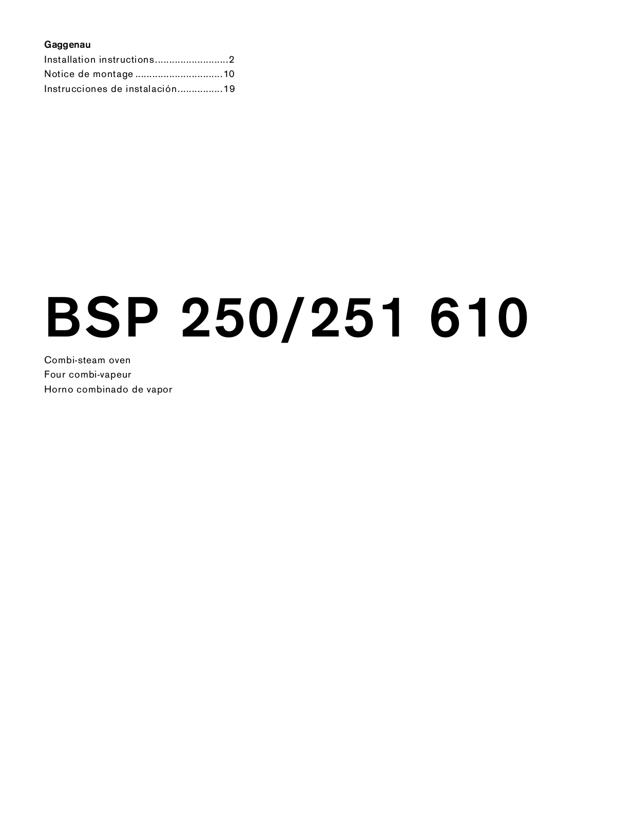 Gaggenau BSP250610, GARECTWODW237 Installation manual