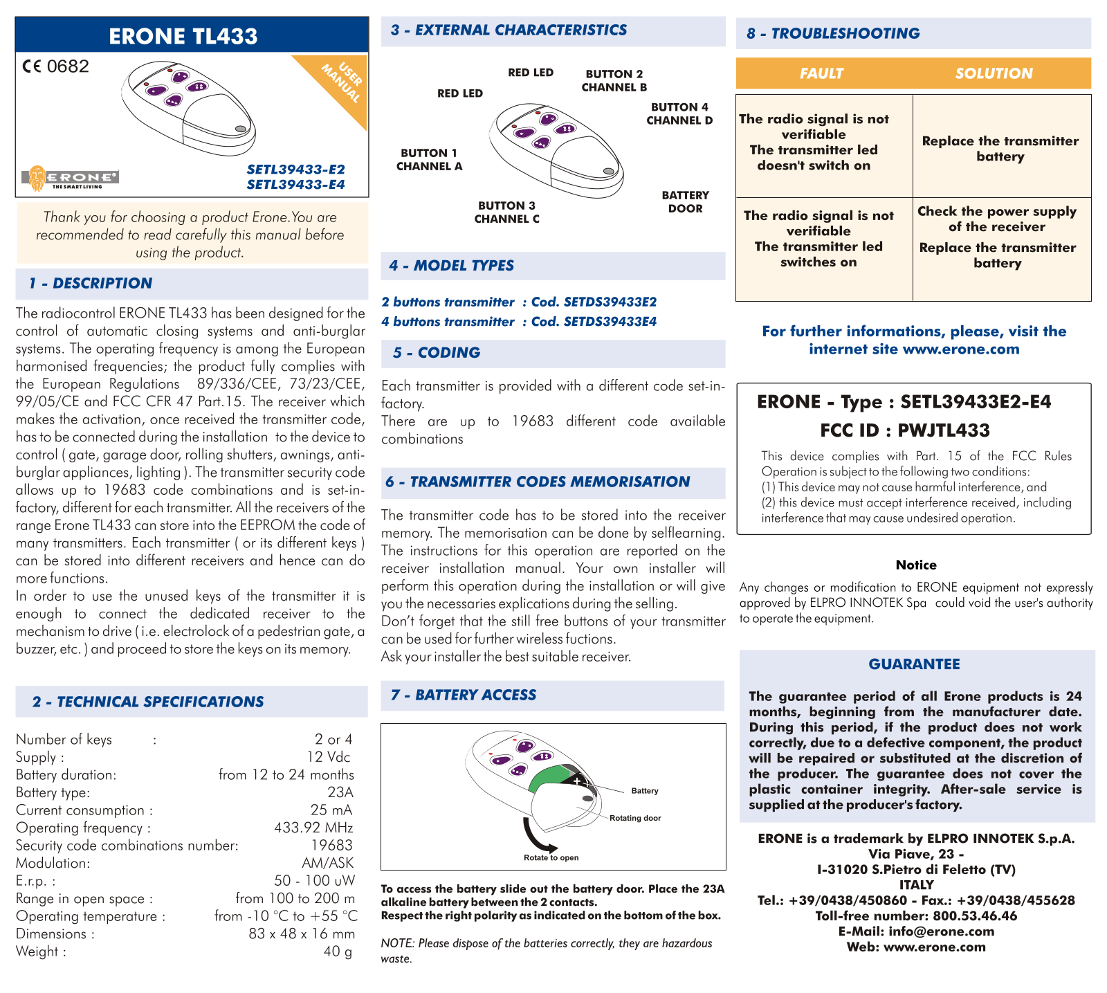CDVI WIRELESS S P A TL433 Users Manual
