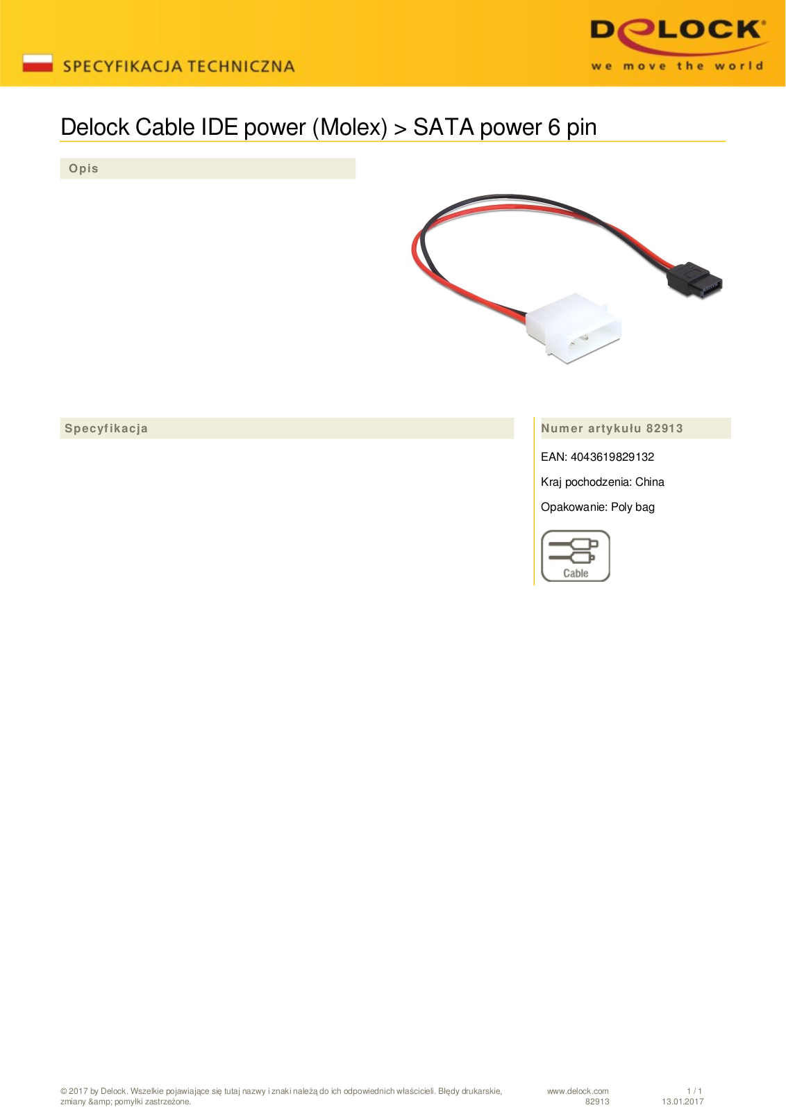 DeLOCK SATA-power adapter 2-Pin on 6-Pin 24cm User Manual