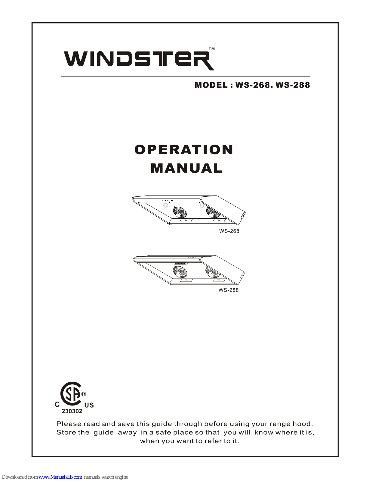 Windster WS-268, WS-288 Operation Manual