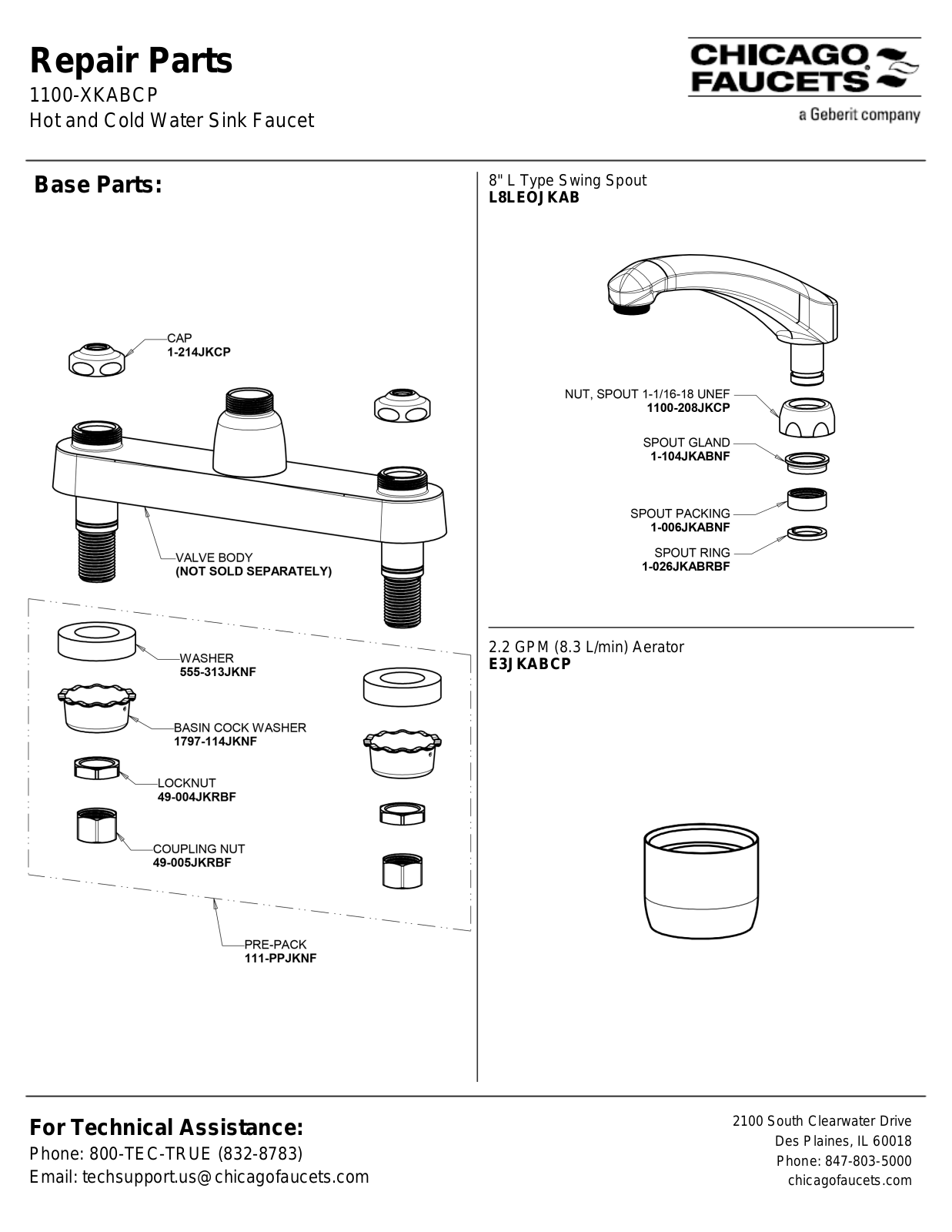 Chicago Faucet 1100-XKAB Parts List