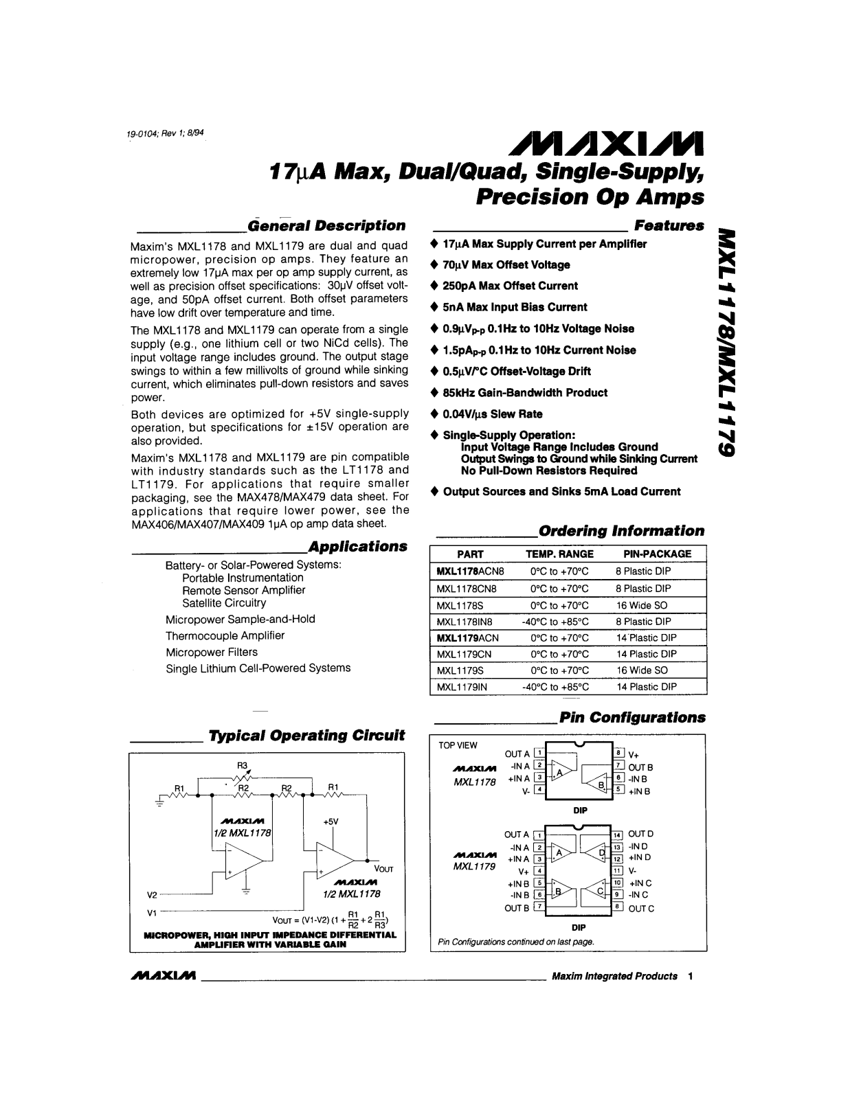 Maxim MXL1179S, MXL1178ACN8, MXL1178CN8, MXL1178IN8, MXL1178S Datasheet