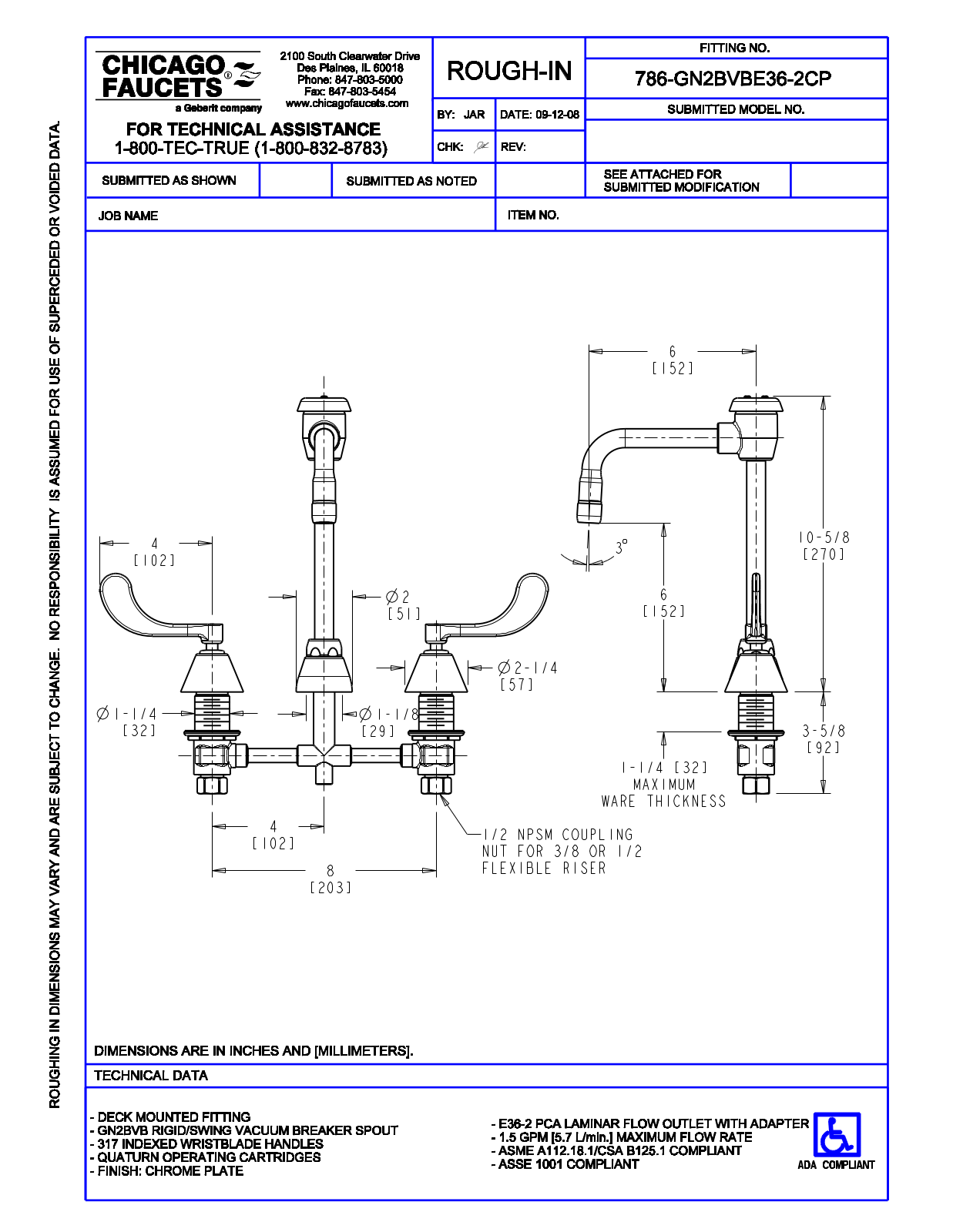 Chicago Faucet 786-GN2BVBE36-2CP User Manual