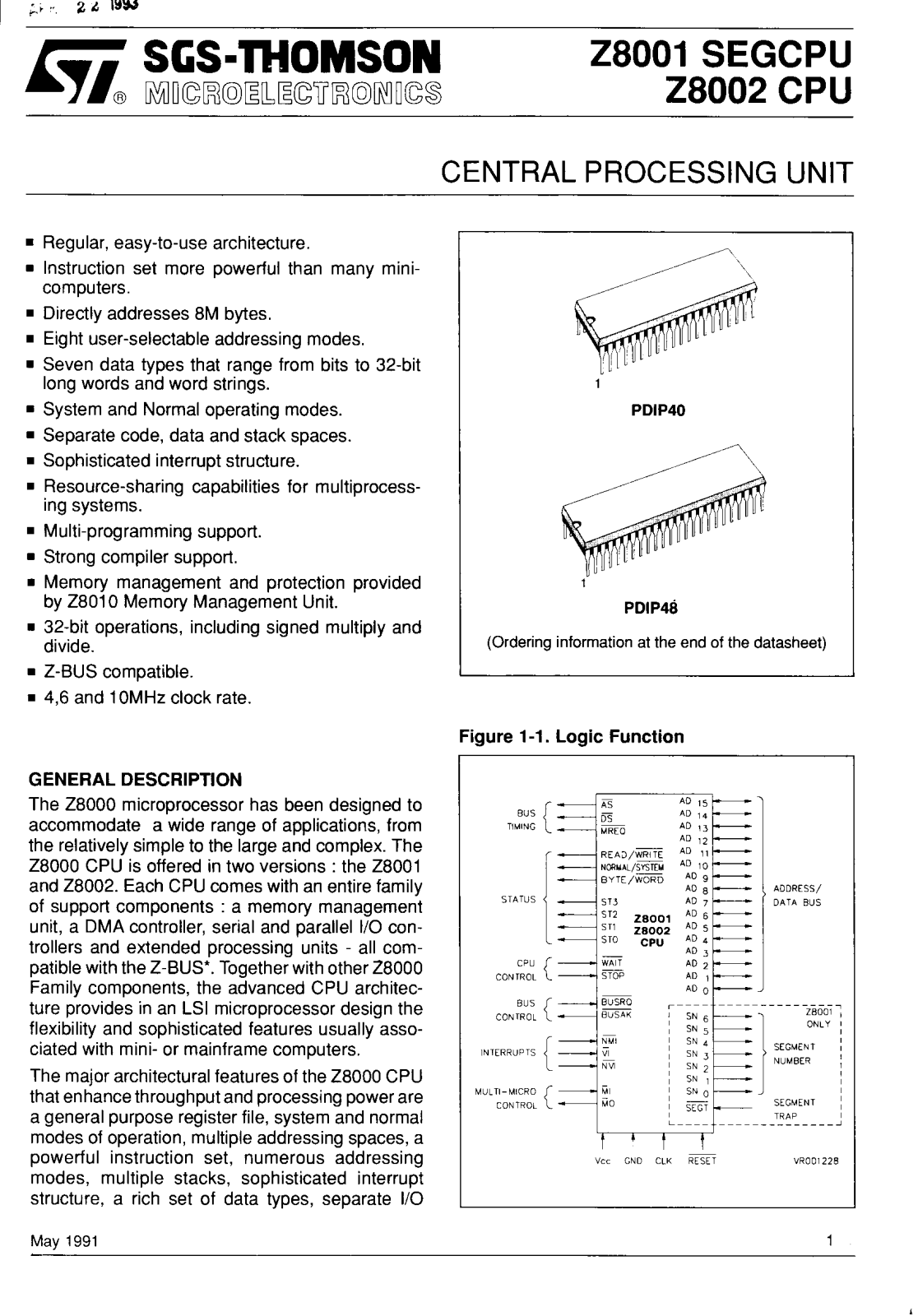 SGS Thomson Microelectronics Z8002BB1V, Z8001AB1V, Z8001B1V, Z8001BB1V, Z8002AB1V Datasheet