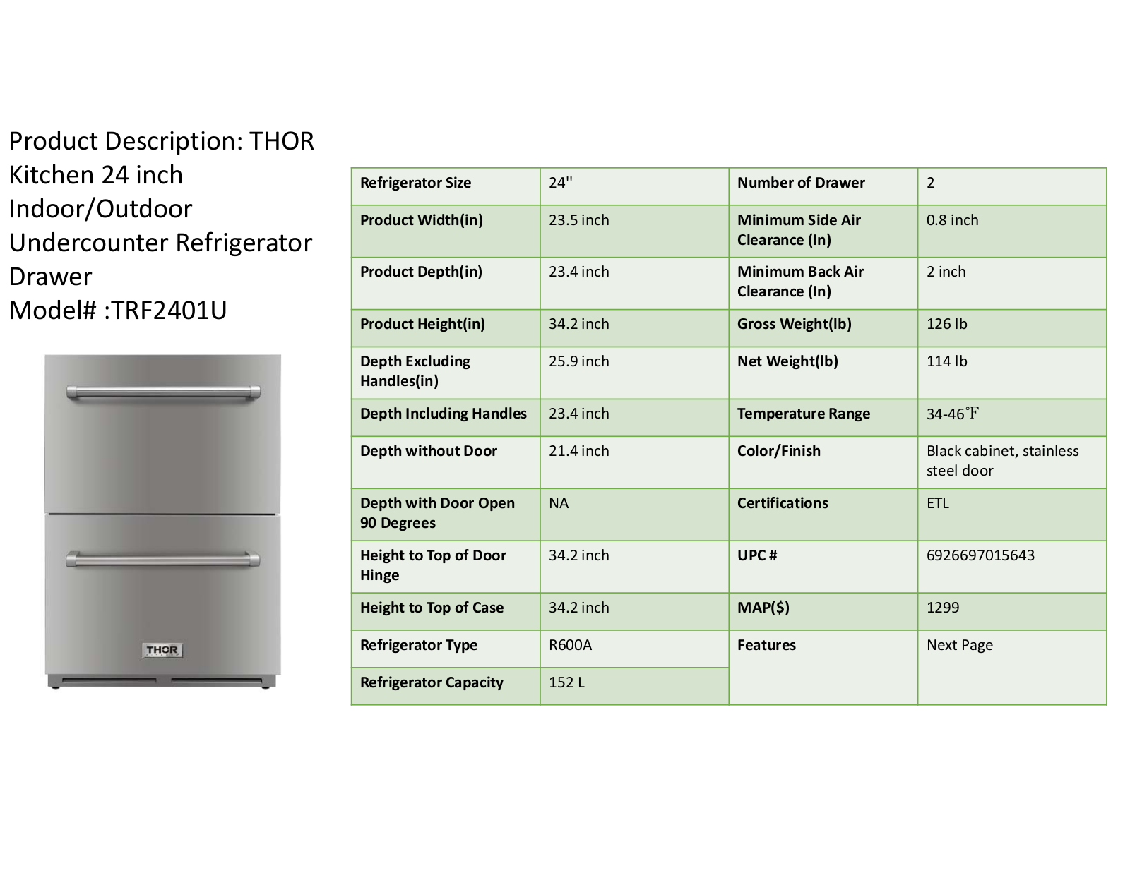 Thor Kitchen TRF2401U Specifications