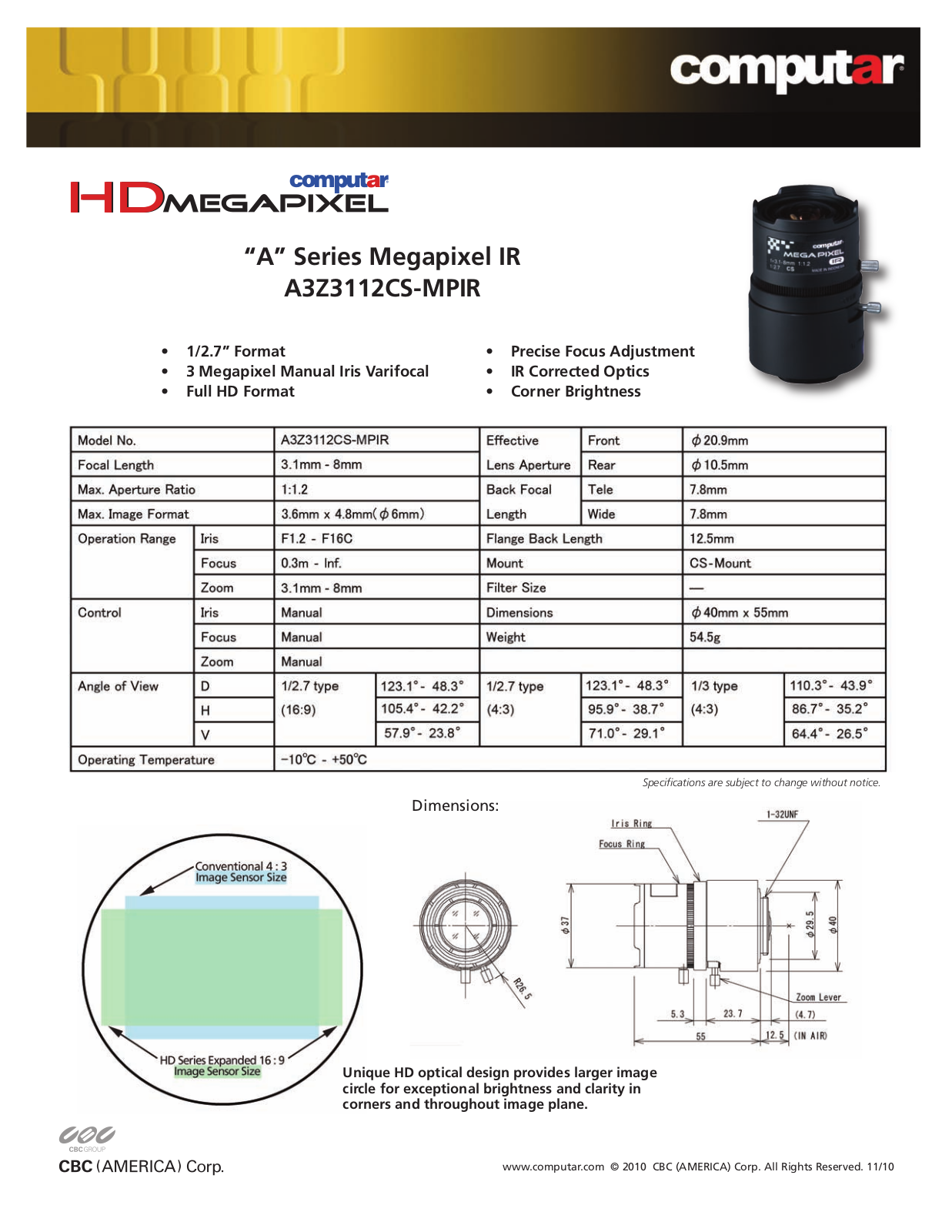 Computar A3Z3112CS-MPIR Specsheet