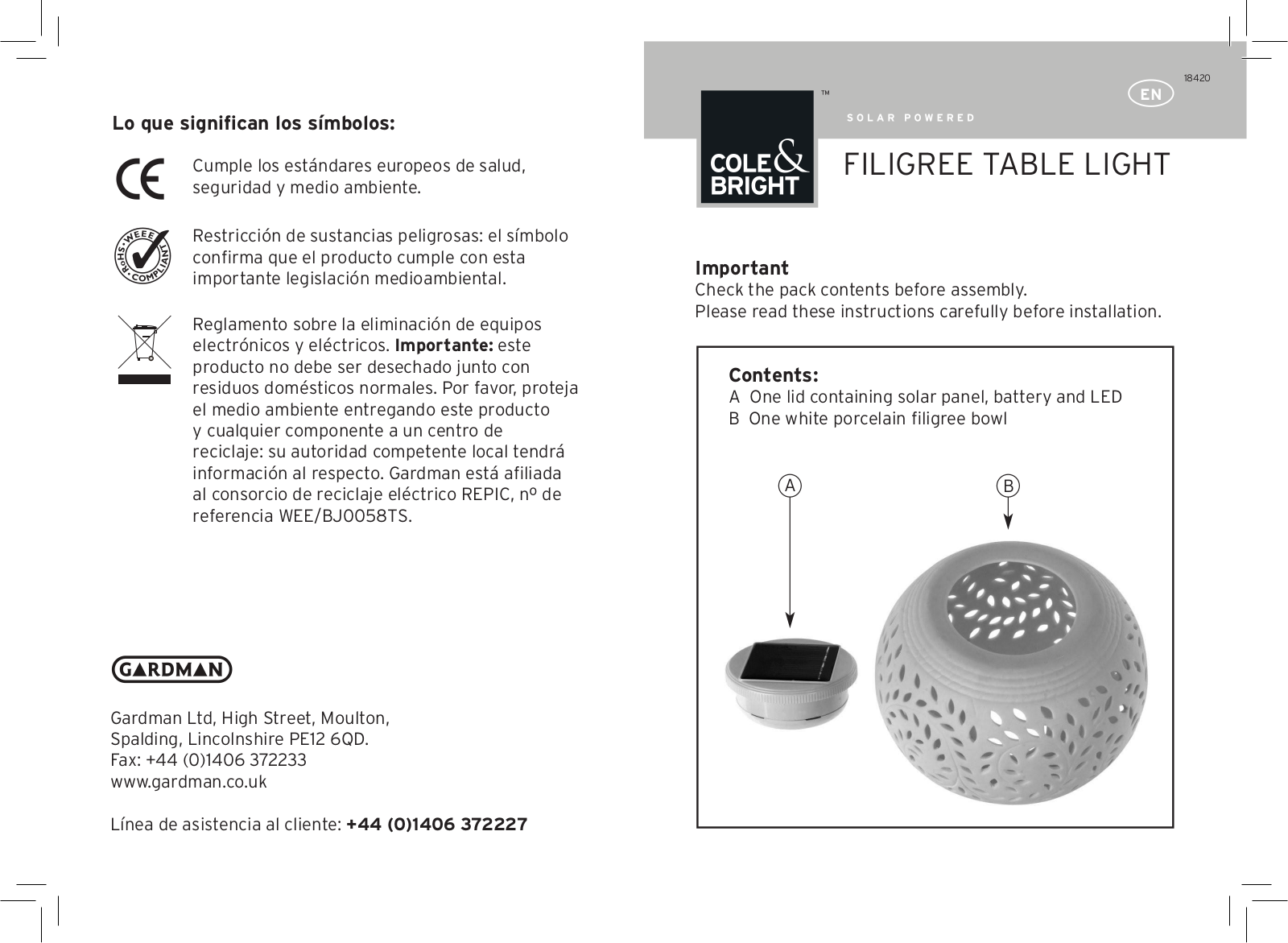 Gardman Filigree table Lights User Manual