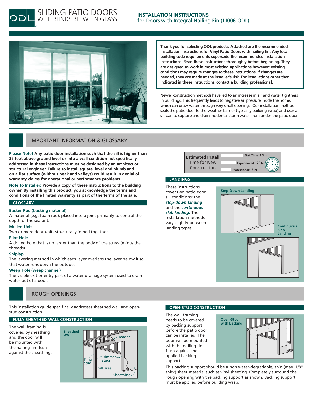 ODL Sliding Patio Doors with Blinds Between Glass User Manual