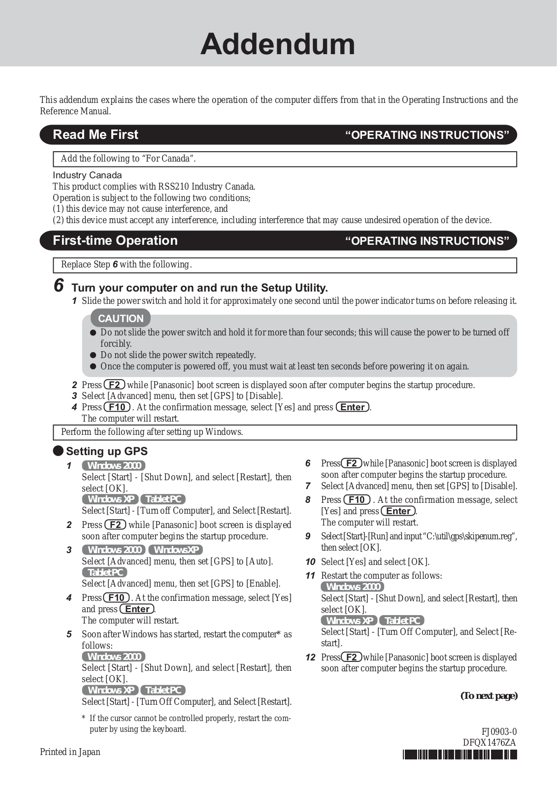 Panasonic CF-29LTQGZBM GPS Operating Instruction Addendum