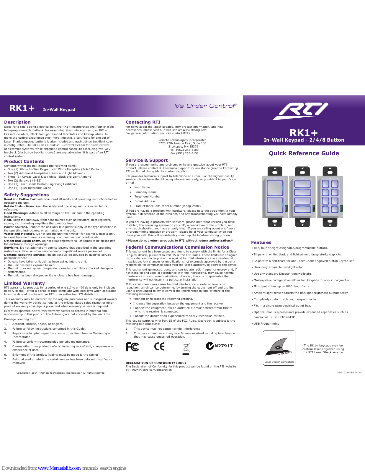 RTI RK1+ Quick Reference Manual