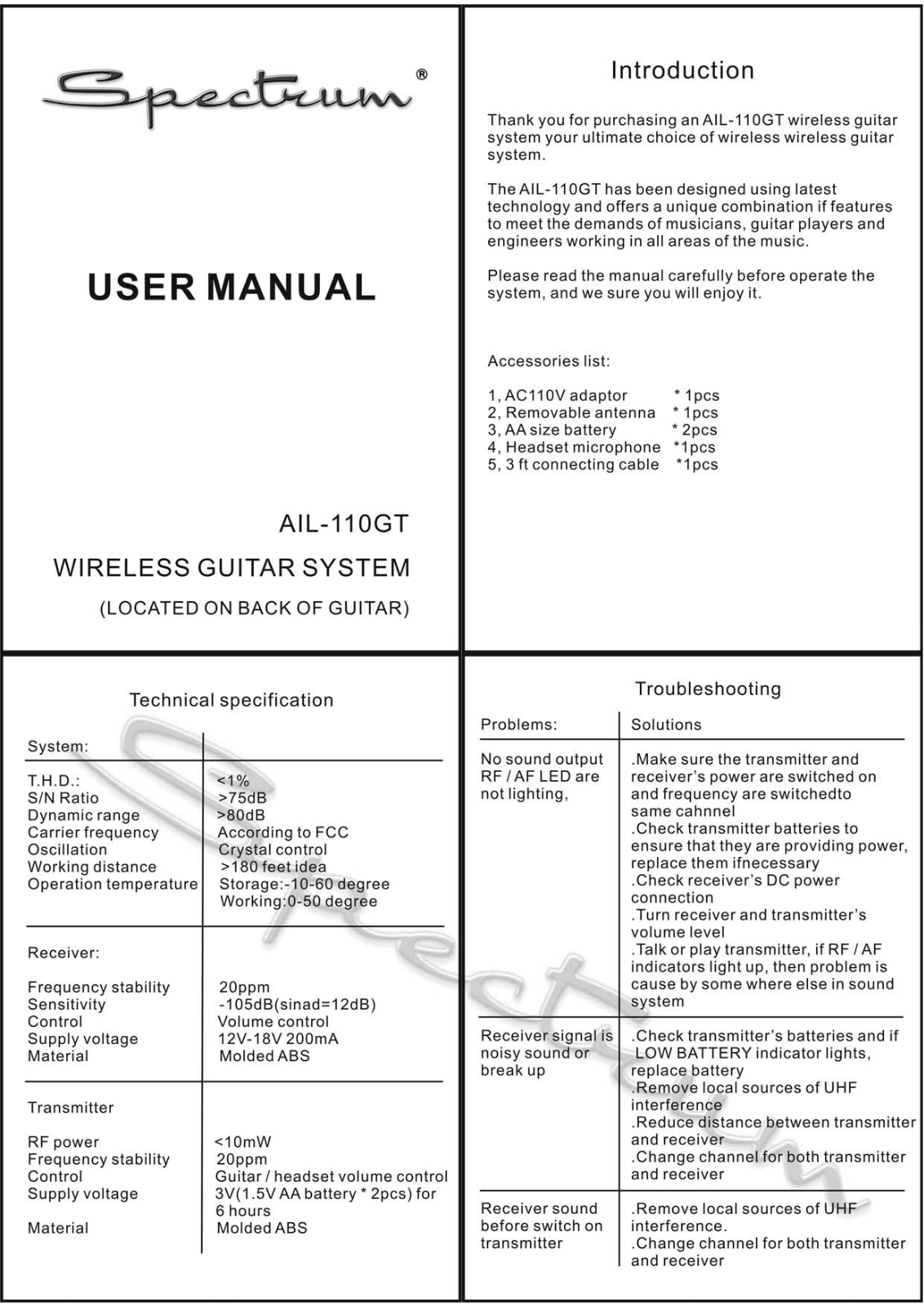 ASHLEY AIL 110GT User Manual