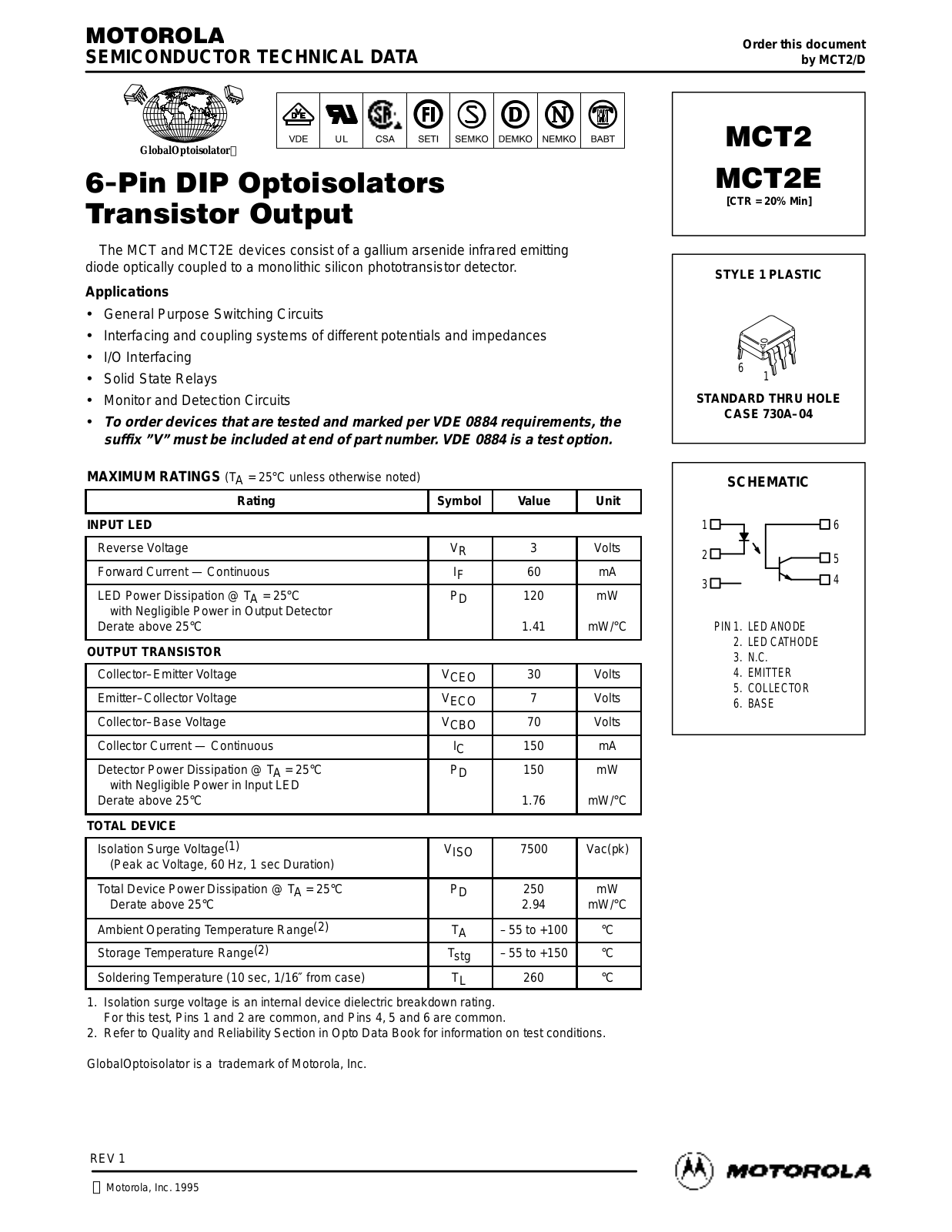 Motorola MCT2E, MCT2 Datasheet