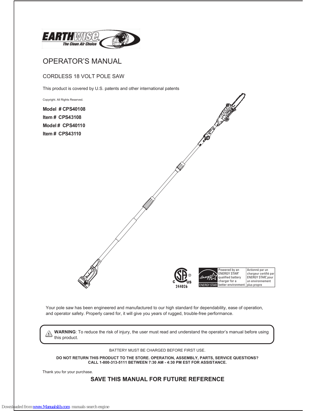 EarthWise CPS40108, CPS40110 Operator's Manual