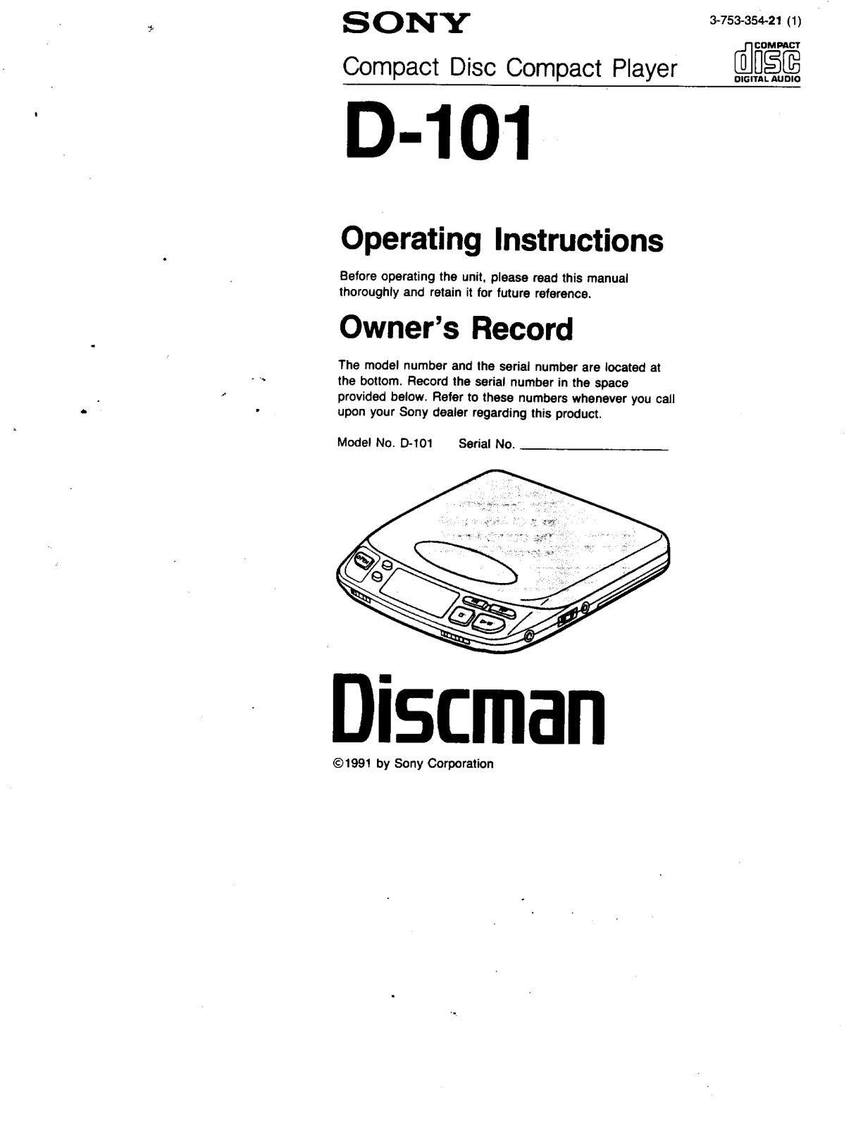 Sony D101 Operating Instructions