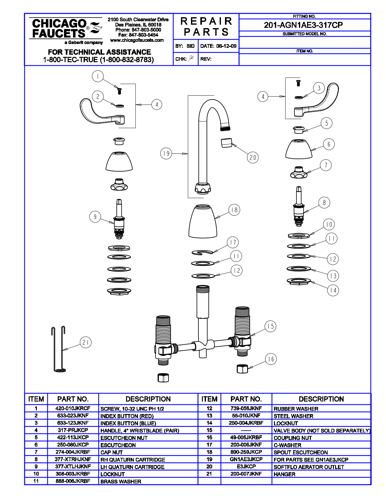 Chicago Faucet 201-AGN1AE3-317CP Parts List