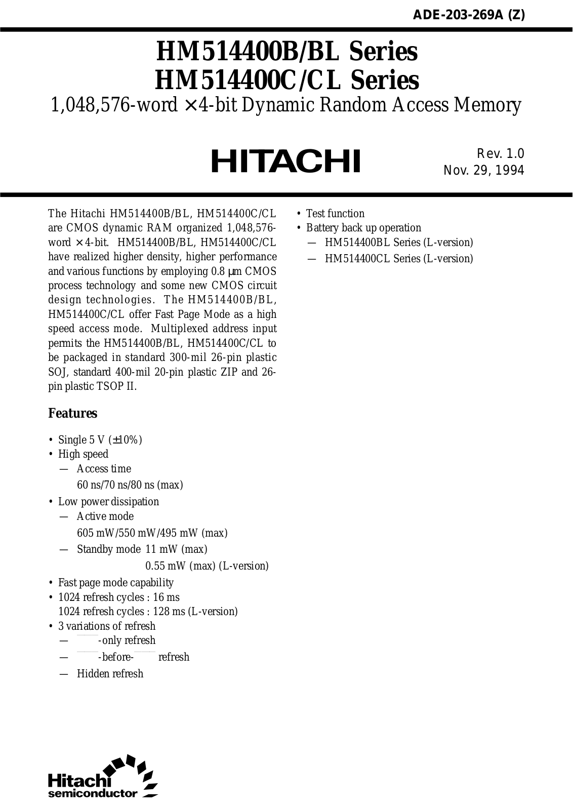 HIT HM514400BLS-6, HM514400CTT-6, HM514400CTT-7, HM514400CTT-8, HM514400CZ-6 Datasheet