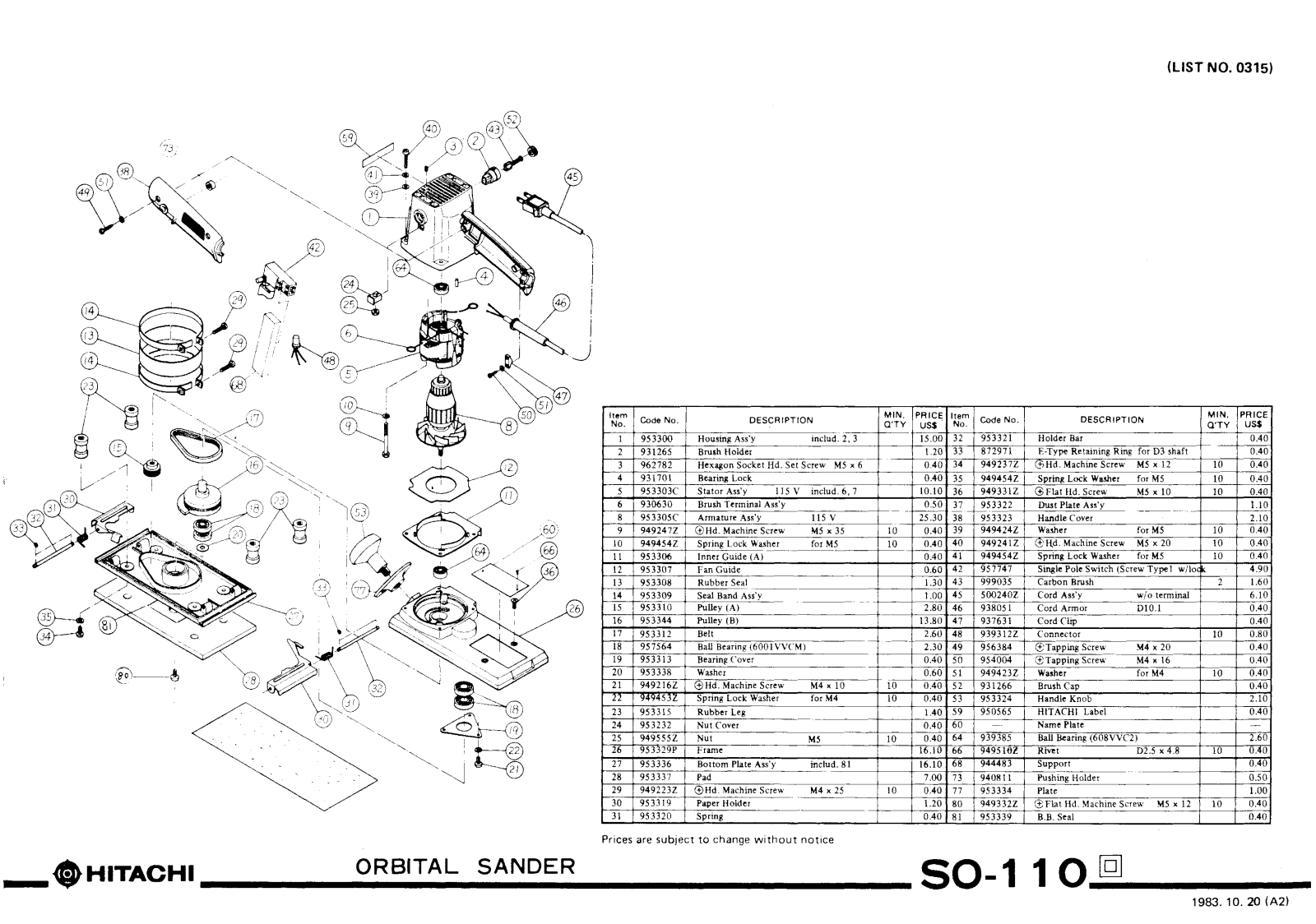 Hitachi SO110 PARTS LIST